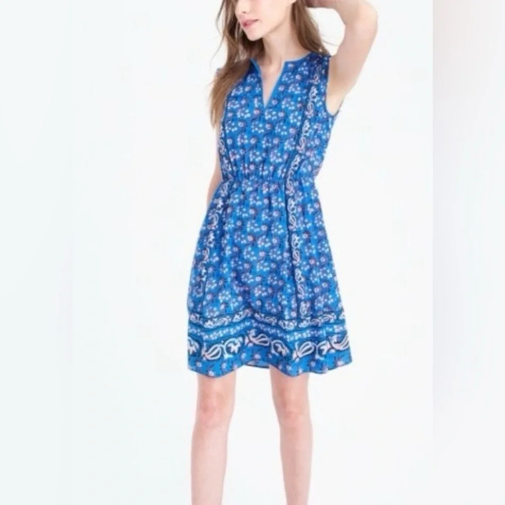J. CREW Blue 100% Silk Vintage Scarf Floral Mini Dress Size 4P